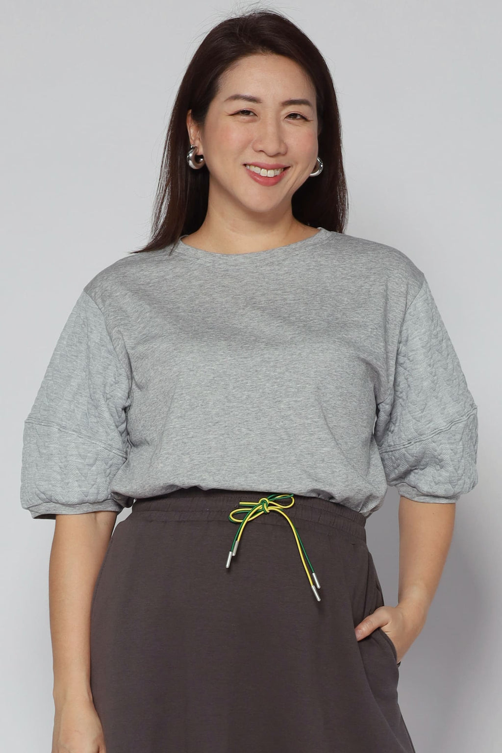 Yuan Embossed Sleeves Top in Grey