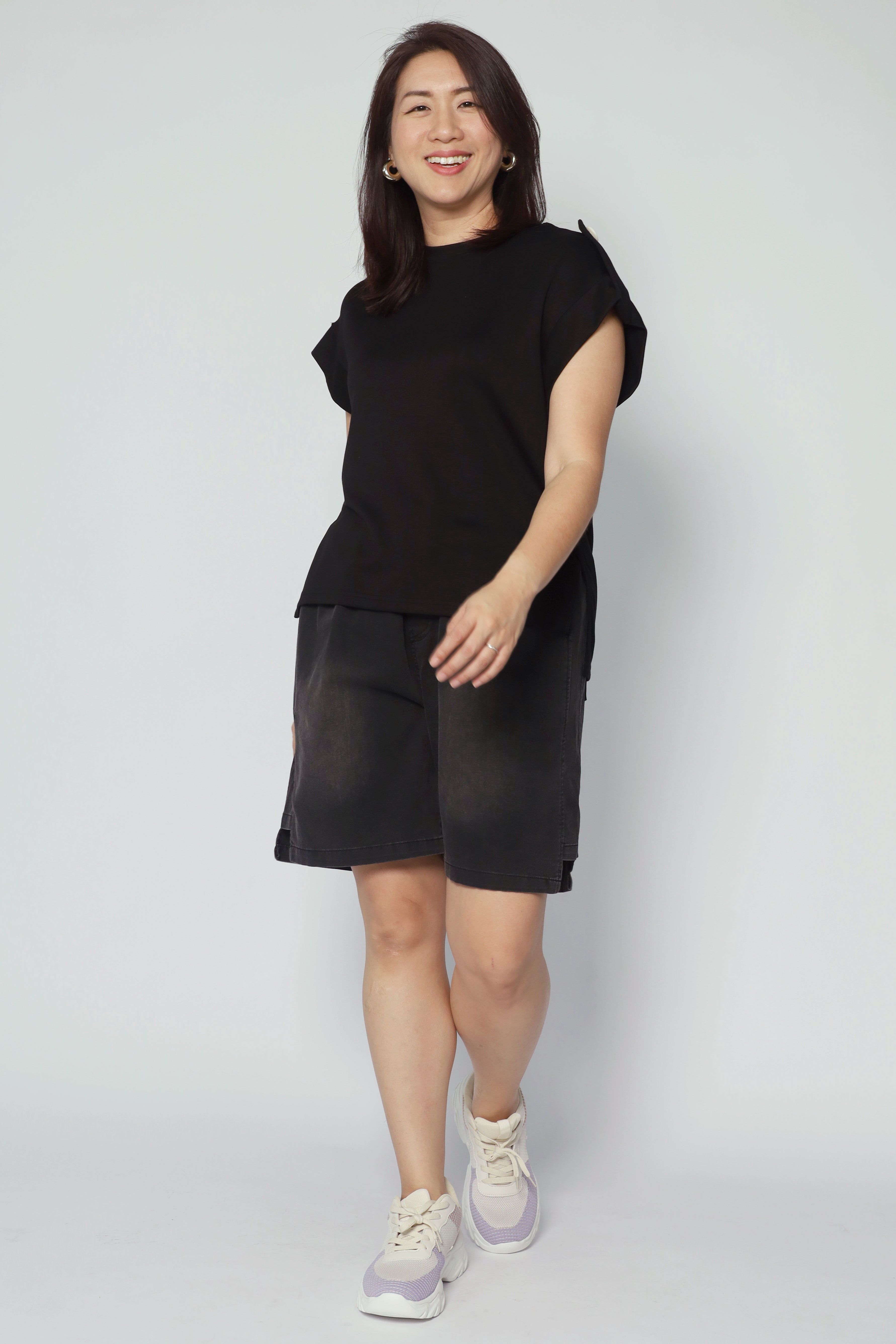 Zoanne Button Shoulder Top in Black