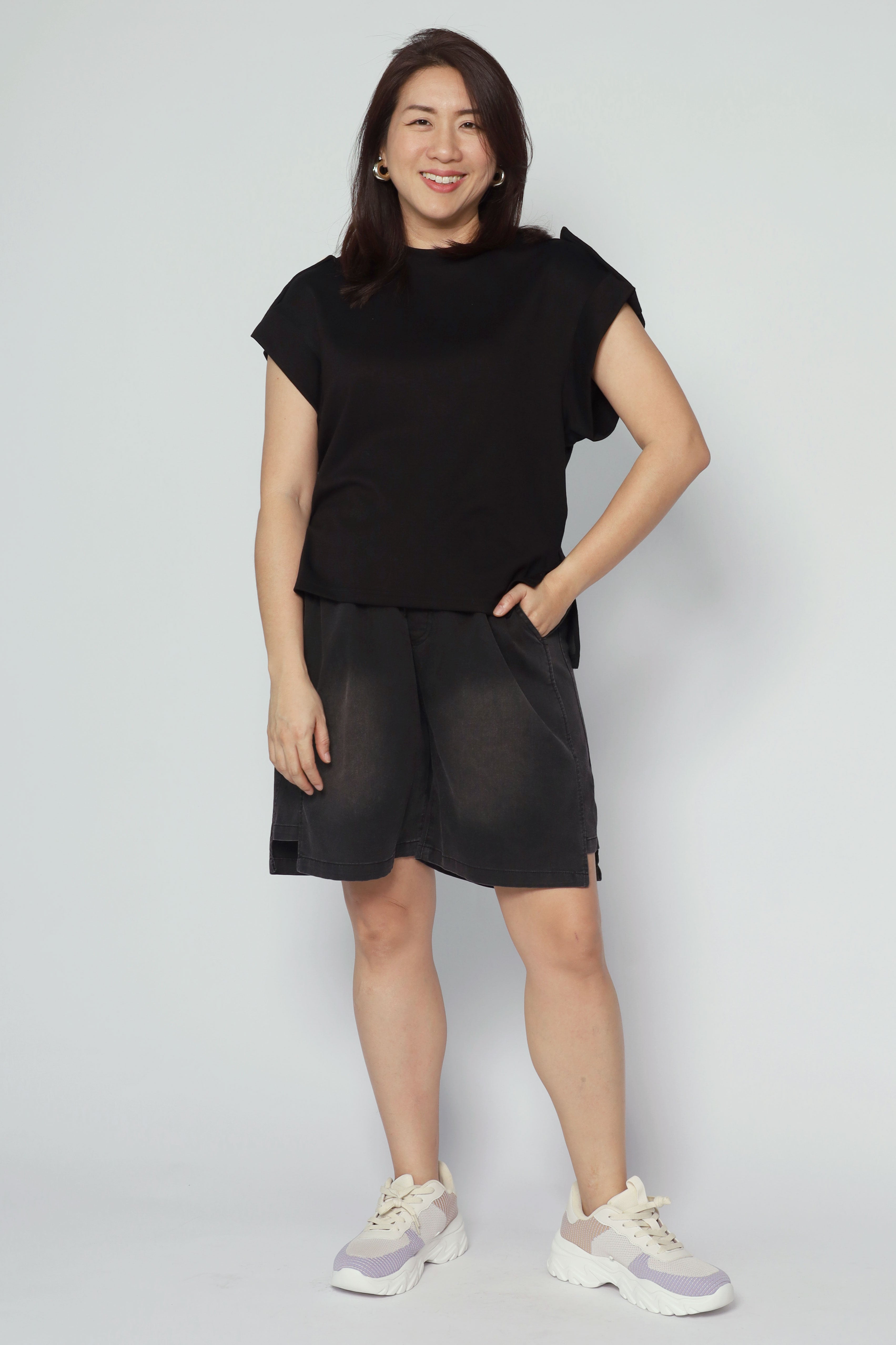 Zoanne Button Shoulder Top in Black