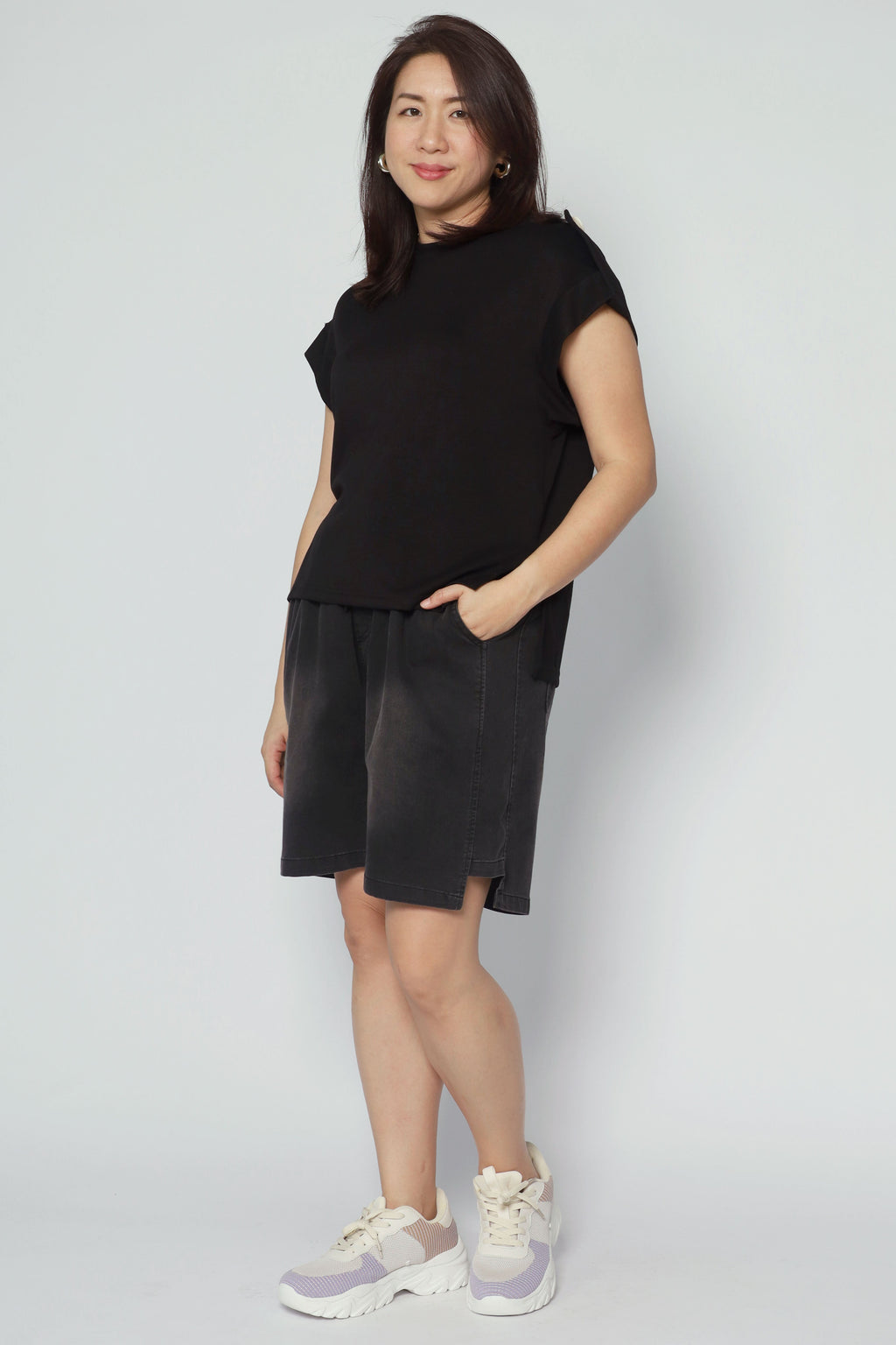 Zoanne Button Shoulder Top in Black