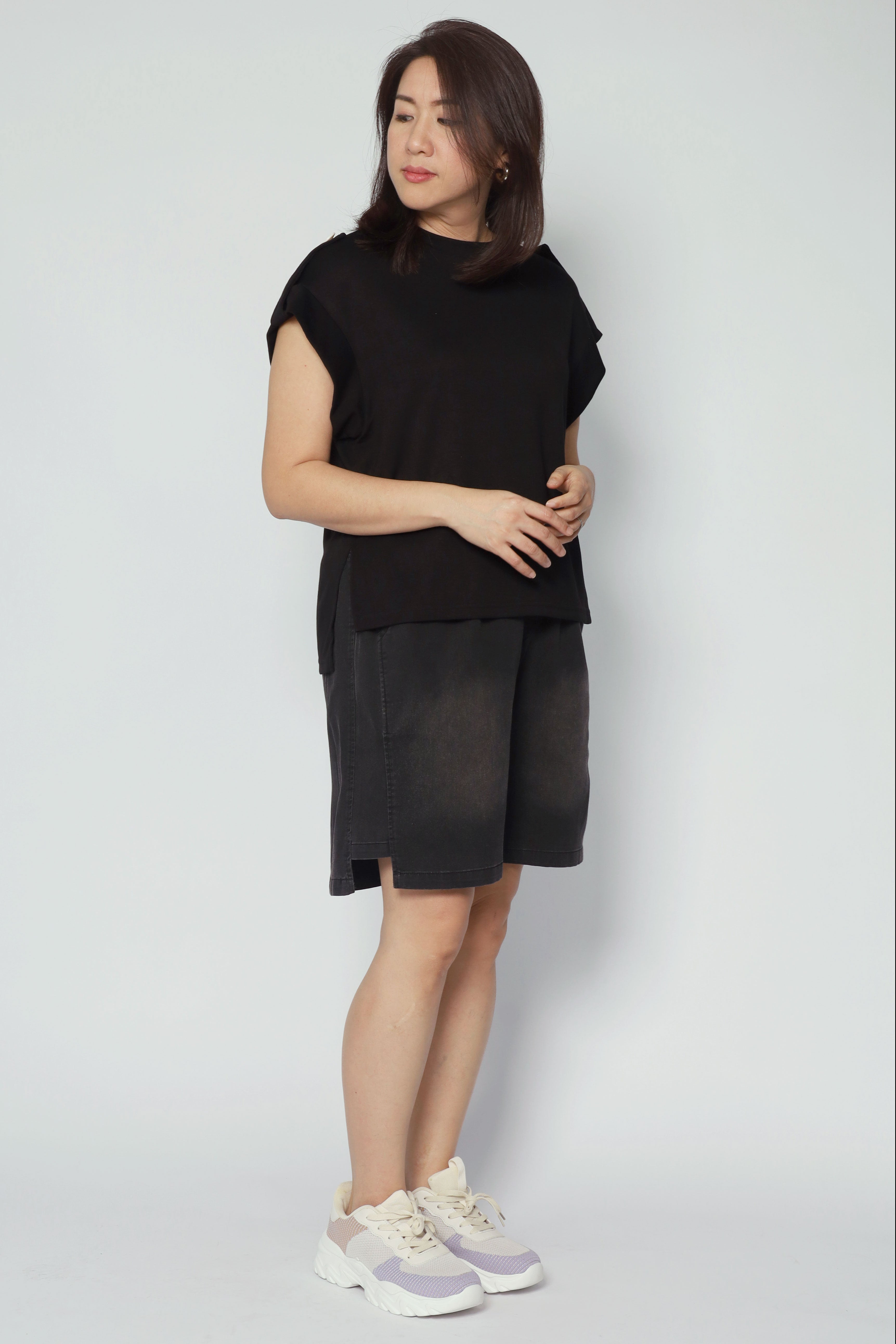 Zoanne Button Shoulder Top in Black