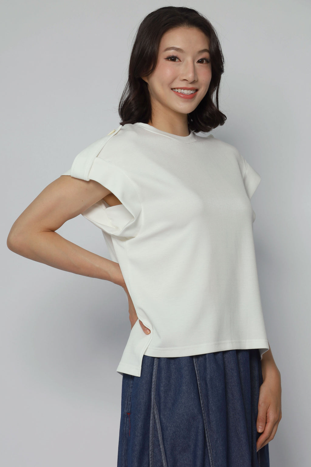 Zoanne Button Shoulder Top in White