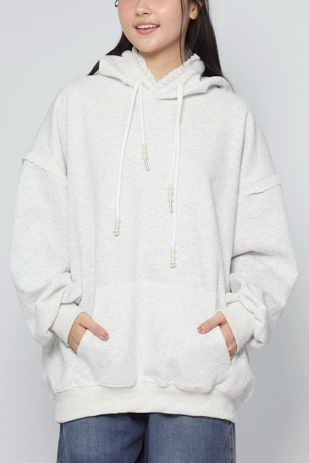 JOY - Hana Lace Hoodie Pullover in Grey