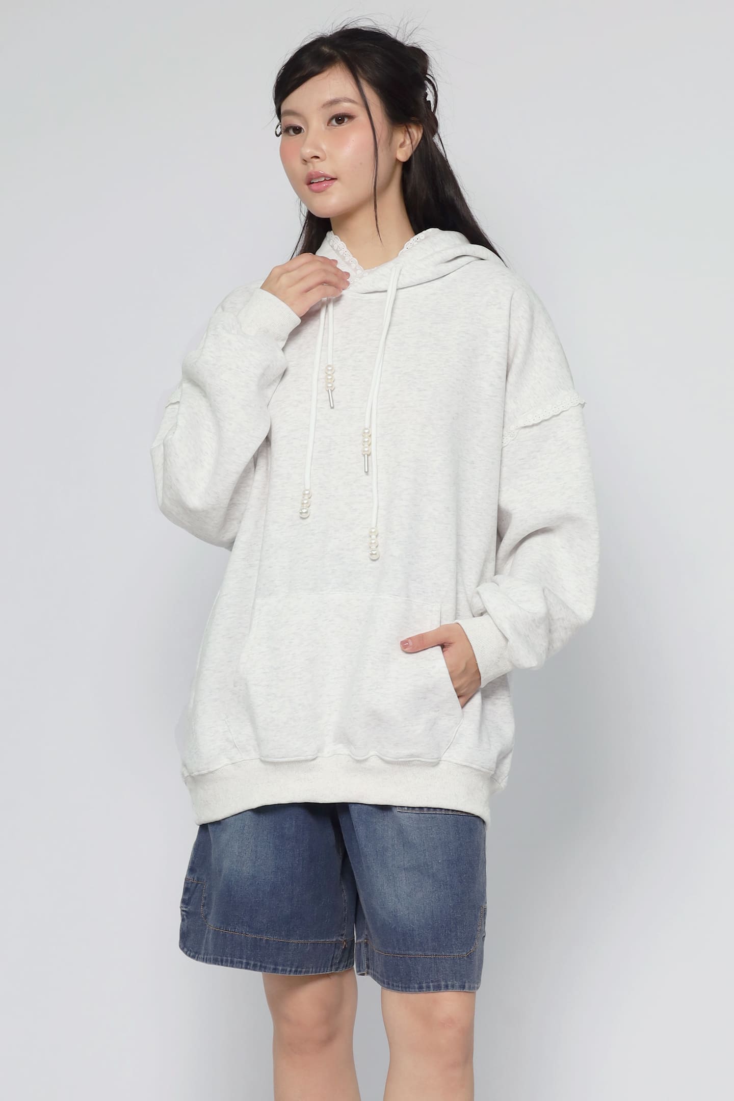 JOY - Hana Lace Hoodie Pullover in Grey