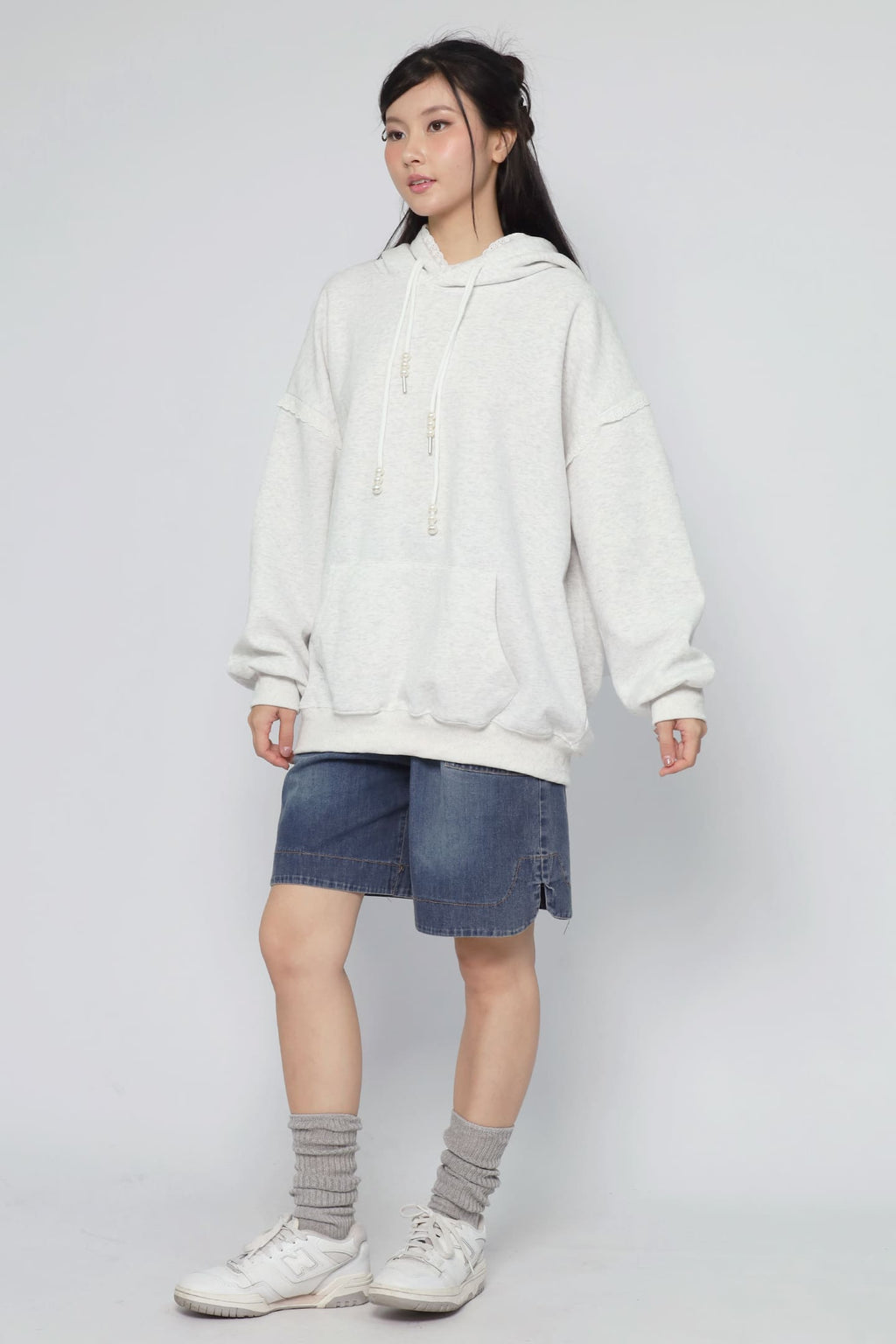 JOY - Hana Lace Hoodie Pullover in Grey