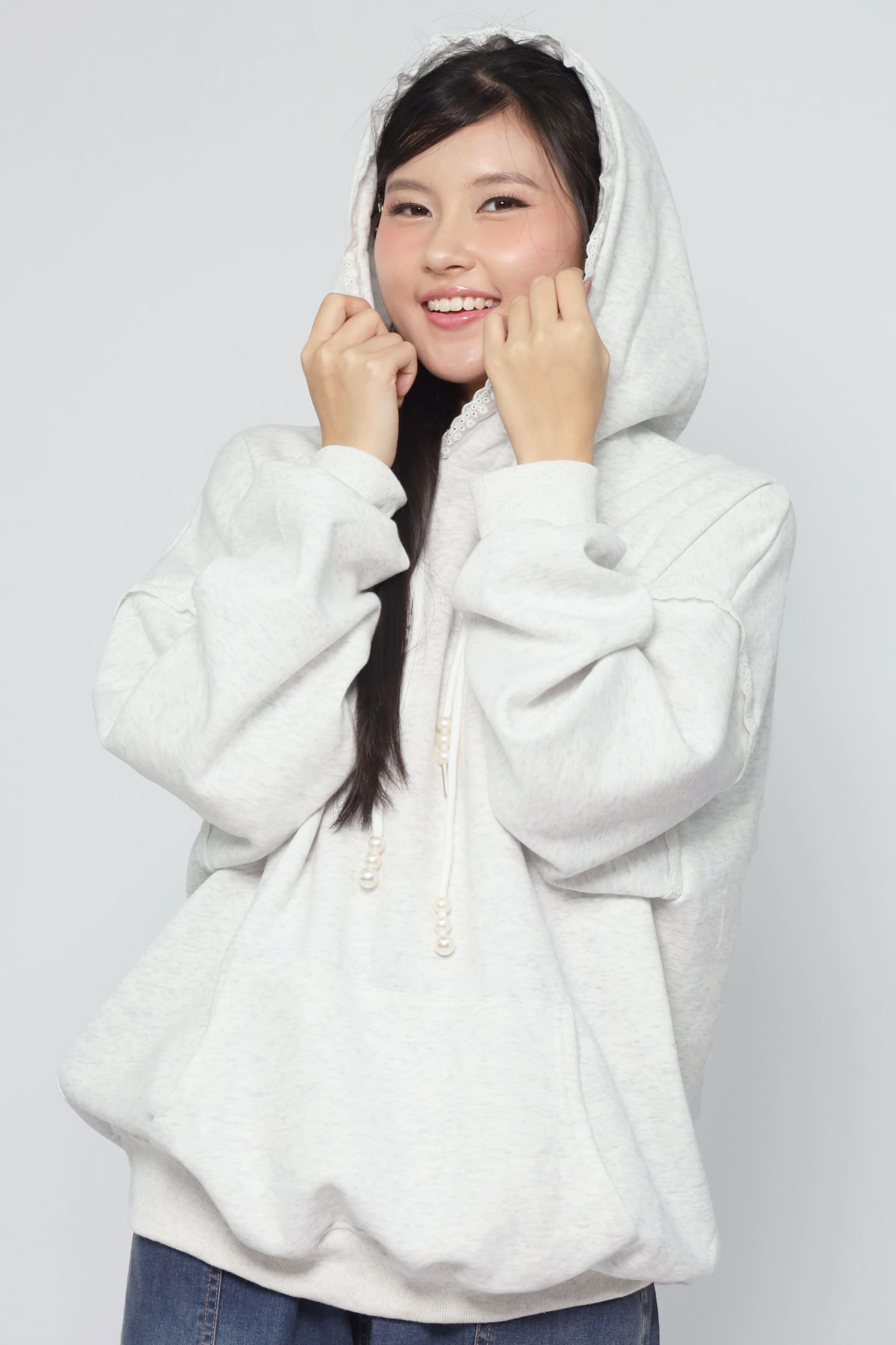 JOY - Hana Lace Hoodie Pullover in Grey