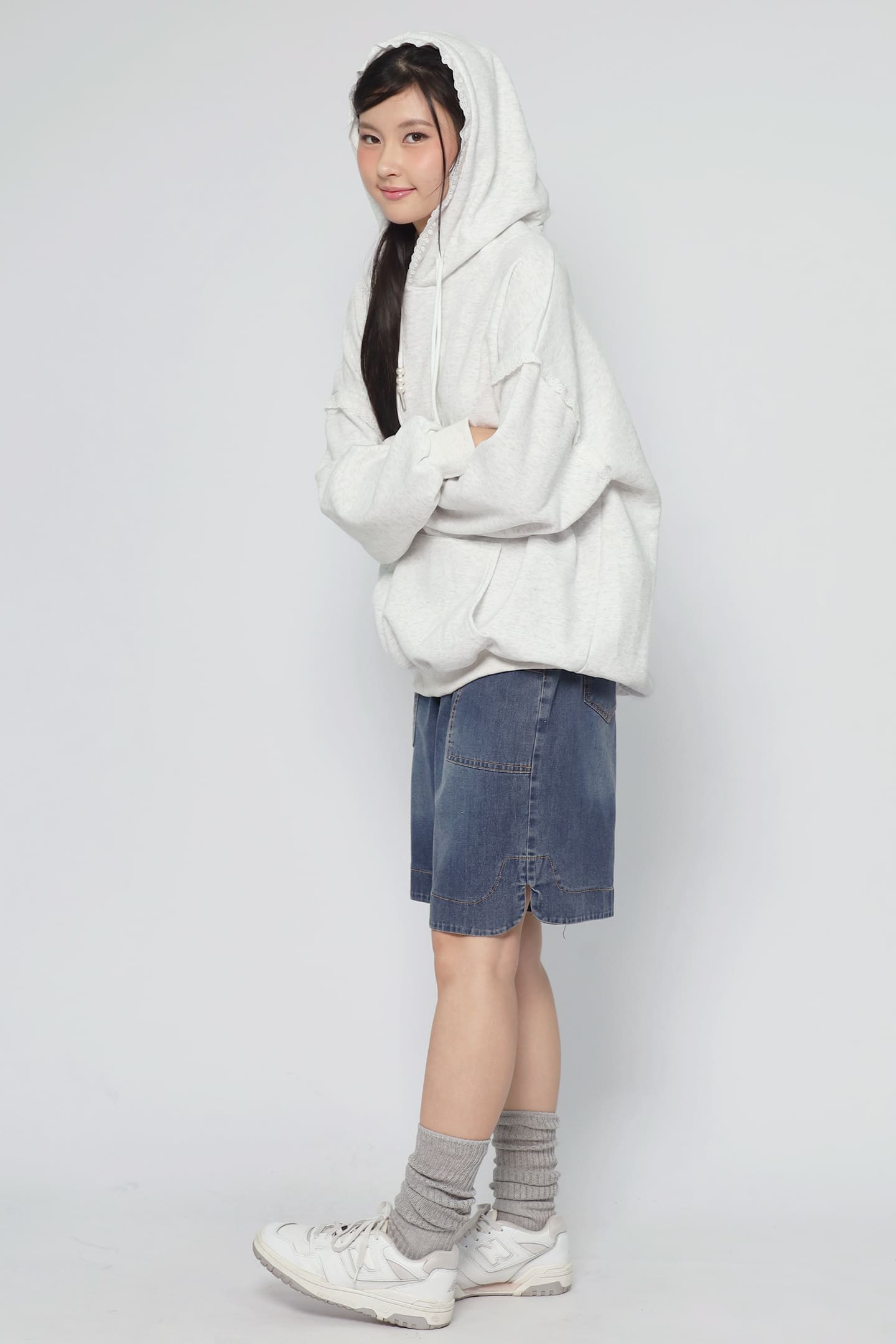 JOY - Hana Lace Hoodie Pullover in Grey