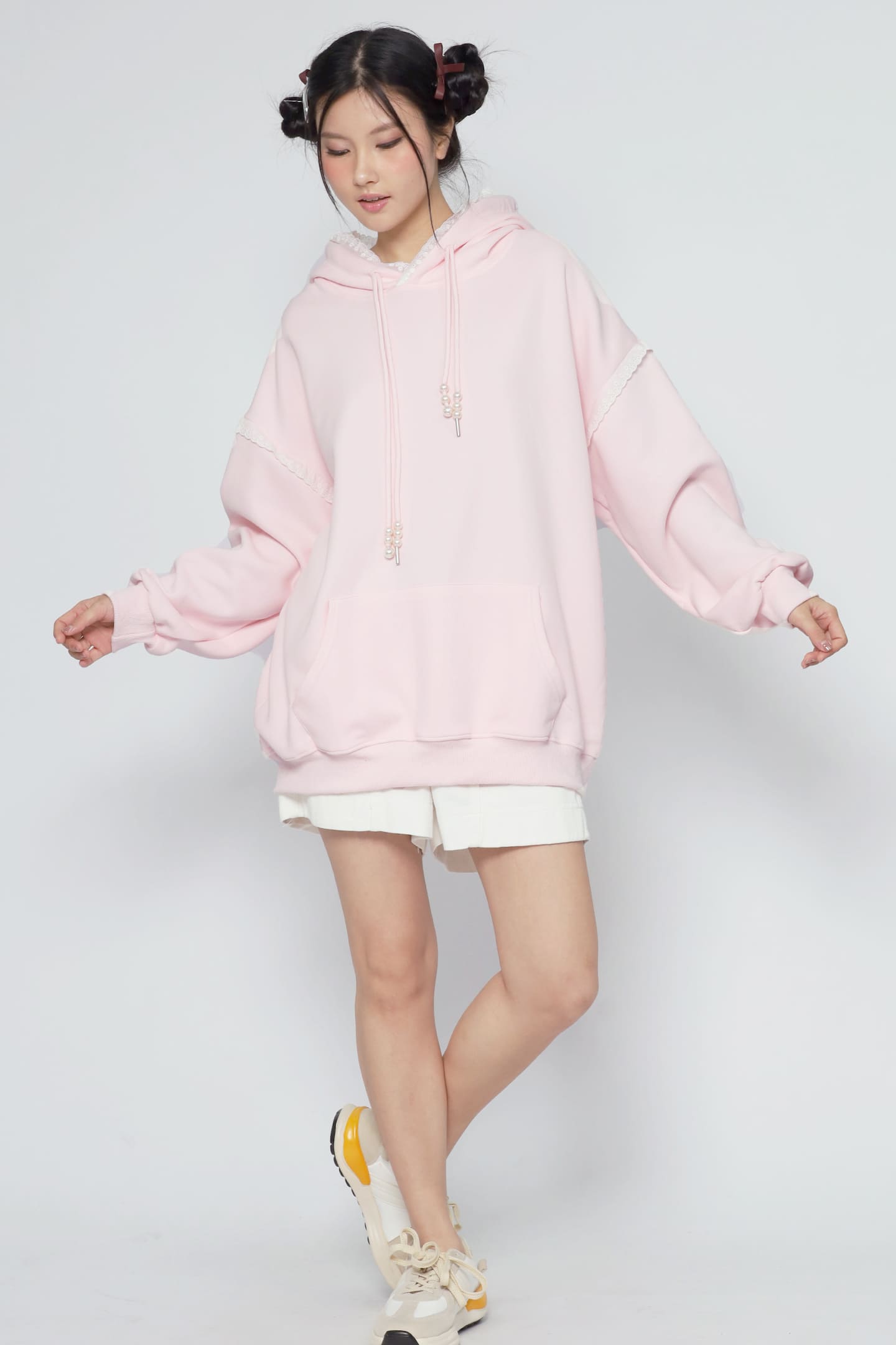 JOY - Hana Lace Hoodie Pullover in Pink