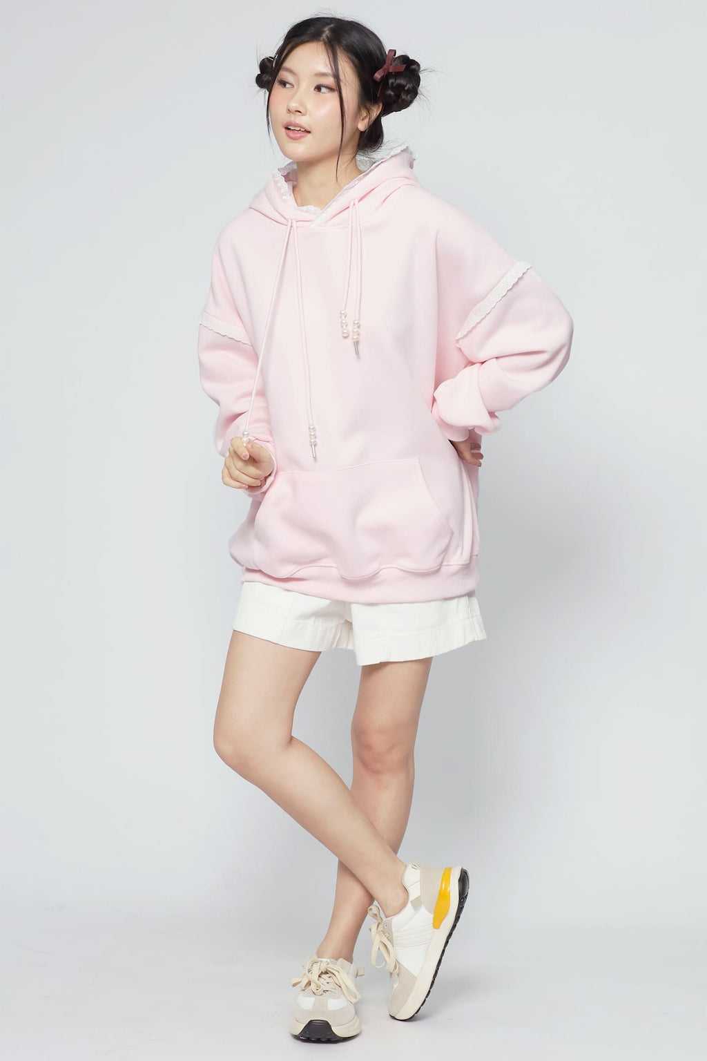 JOY - Hana Lace Hoodie Pullover in Pink