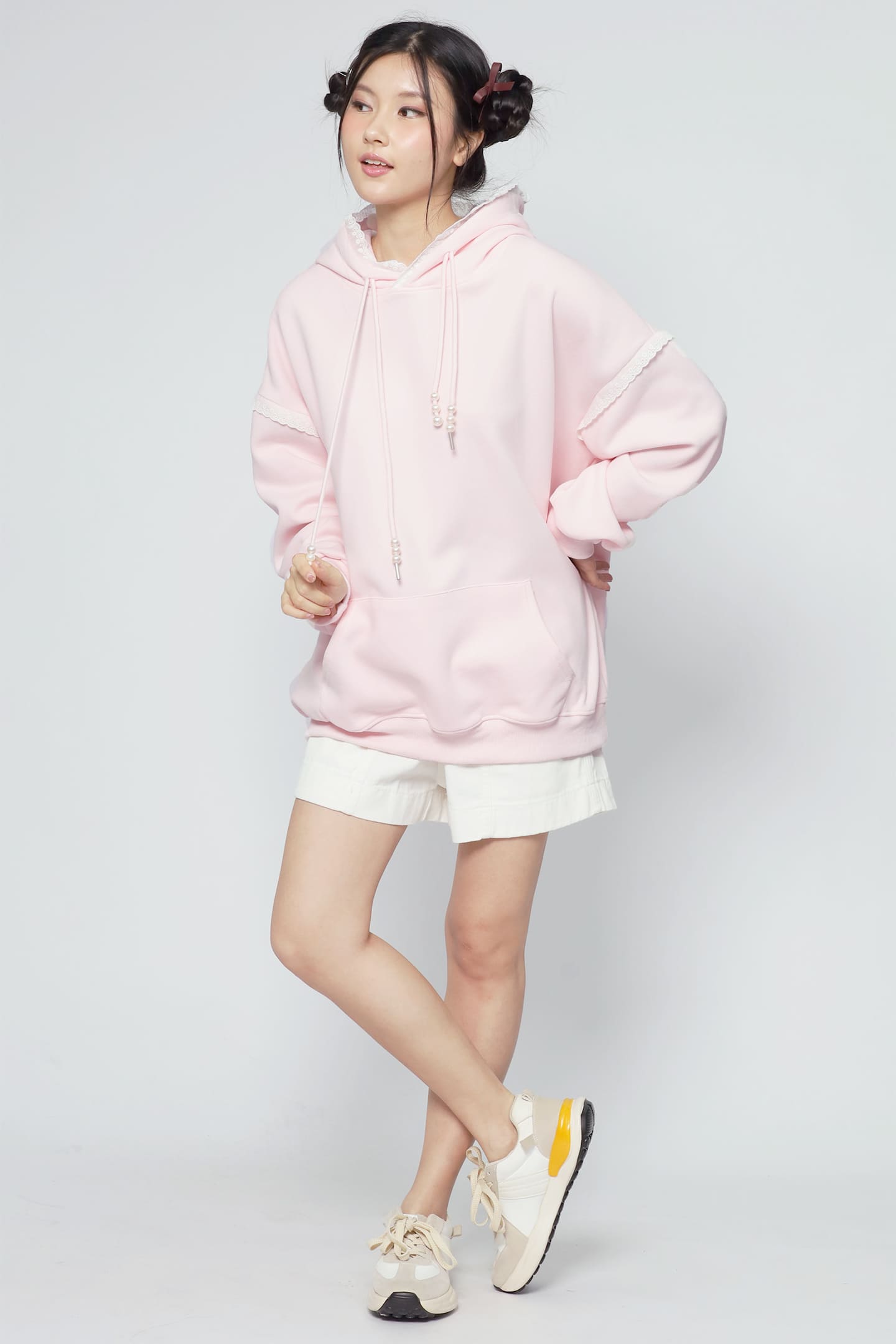 JOY - Hana Lace Hoodie Pullover in Pink
