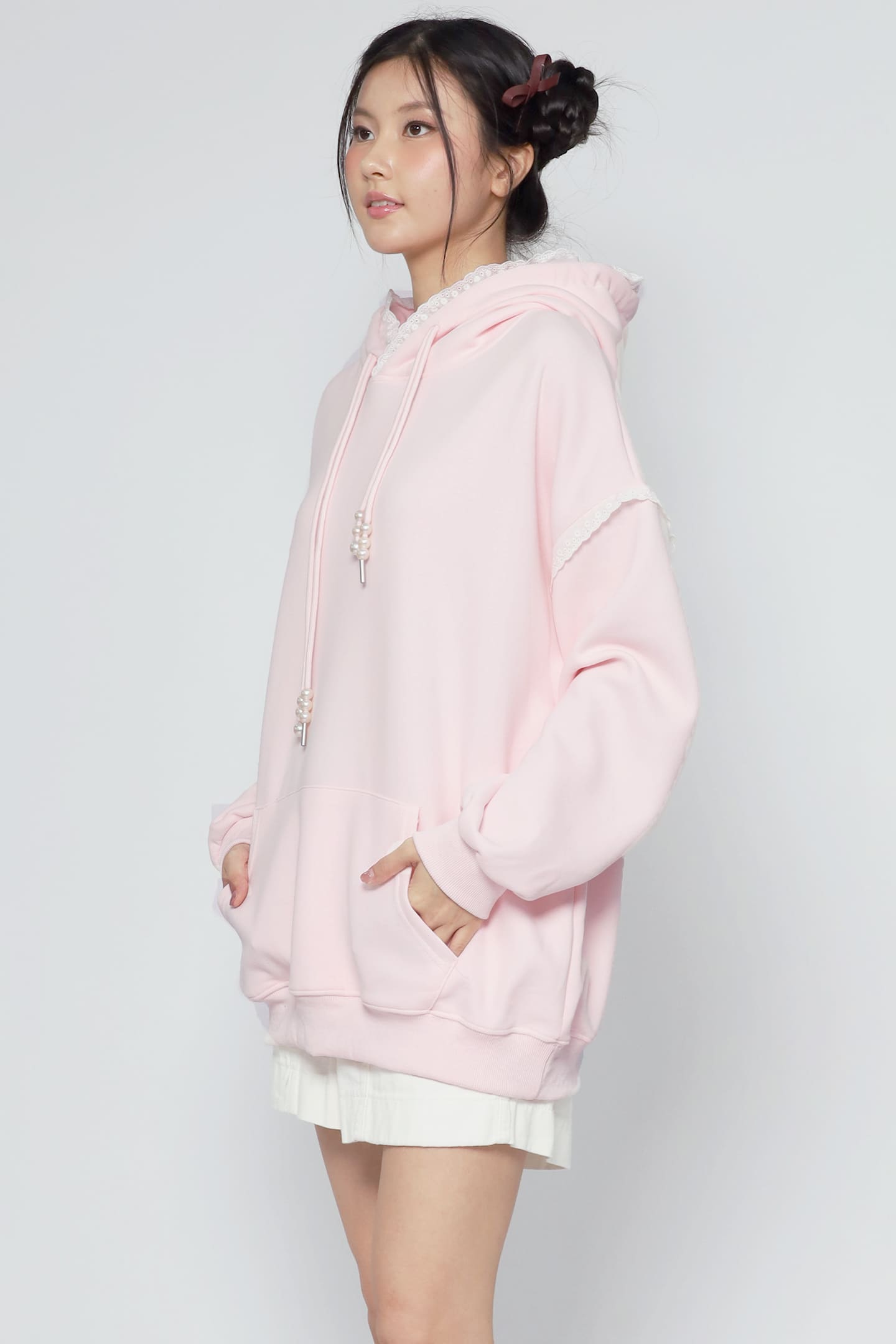 JOY - Hana Lace Hoodie Pullover in Pink