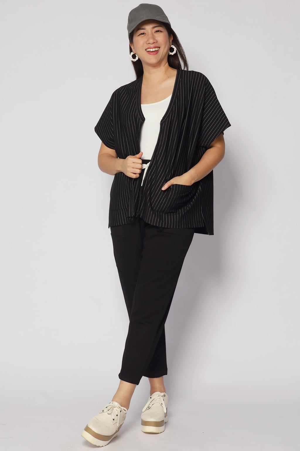 Ryanne Zipper Jacket in Black Stripes