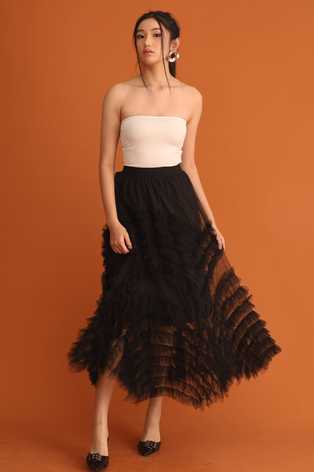 CHOSEN - Taiji Frill Mesh Skirt in Black